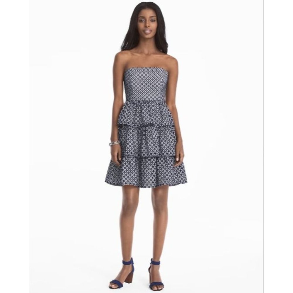 NWT WHBM Strapless Tiered Dress Navy and White Openwork Size 8